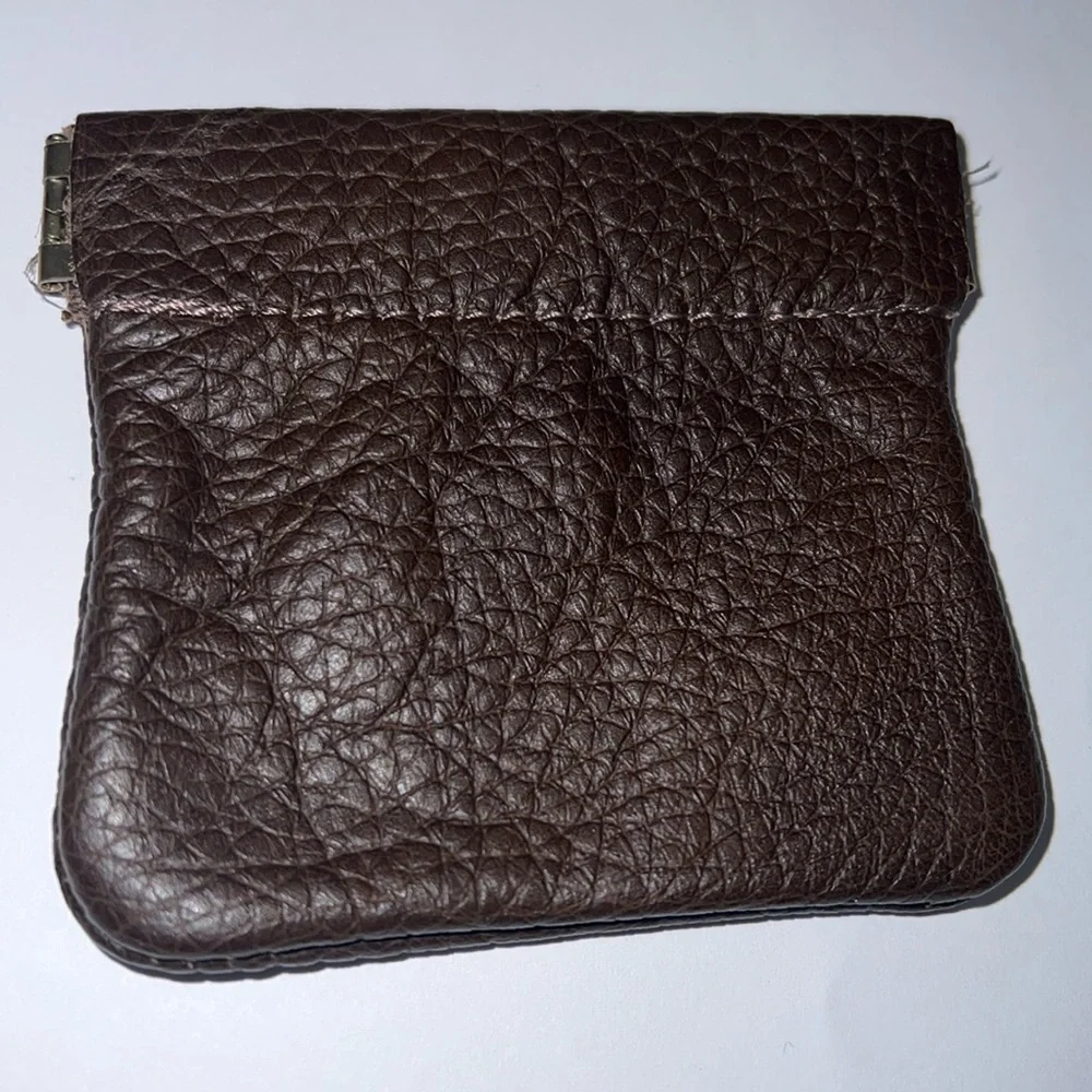 Vintage Brown Pebbled Leather Snap Frame Coin Key Pouch